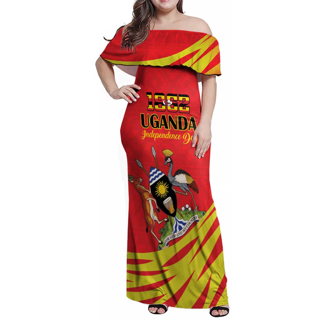Custom Uganda Independence Day 1962 Family Matching Off Shoulder Maxi Dress and Hawaiian Shirt Coat Of Arms With Kente Patterns - Wonder Print Shop