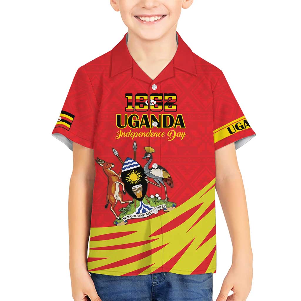 Custom Uganda Independence Day 1962 Family Matching Short Sleeve Bodycon Dress and Hawaiian Shirt Coat Of Arms With Kente Patterns - Wonder Print Shop