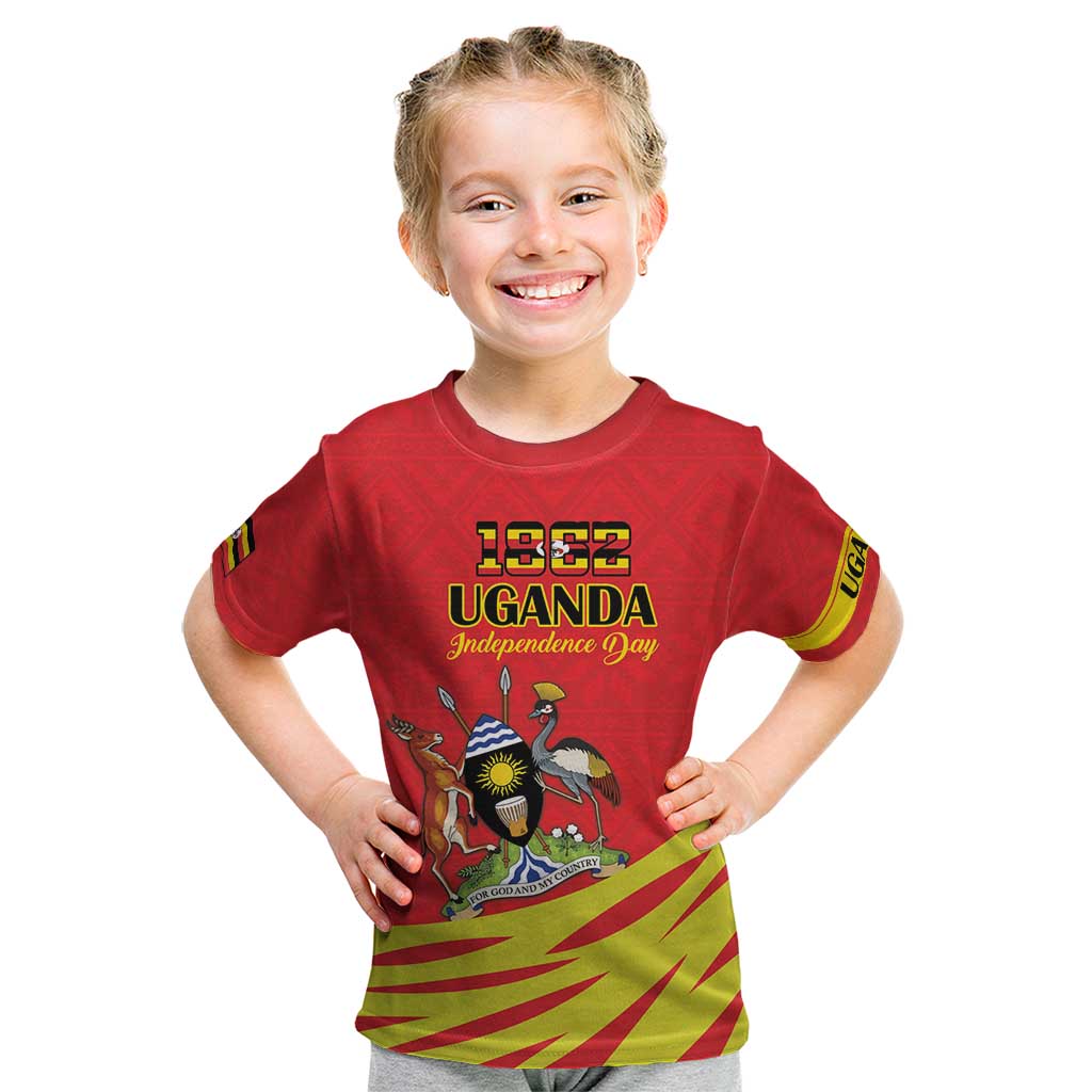 Custom Uganda Independence Day 1962 Kid T Shirt Coat Of Arms With Kente Patterns - Wonder Print Shop