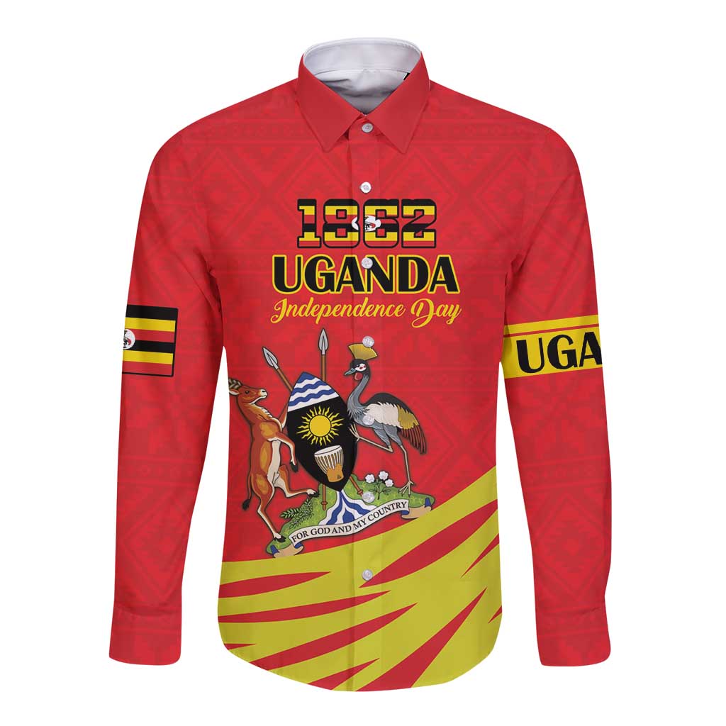 Custom Uganda Independence Day 1962 Long Sleeve Button Shirt Coat Of Arms With Kente Patterns - Wonder Print Shop