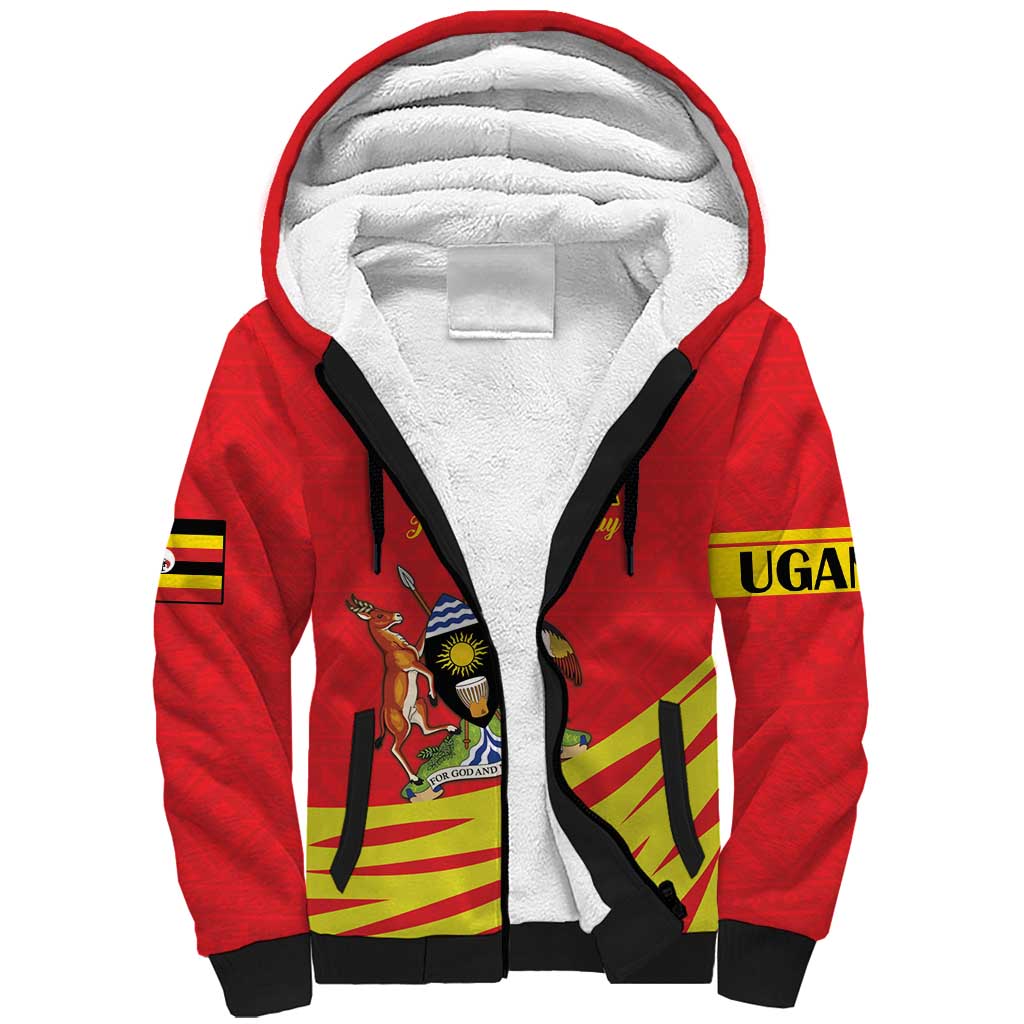 Custom Uganda Independence Day 1962 Sherpa Hoodie Coat Of Arms With Kente Patterns - Wonder Print Shop