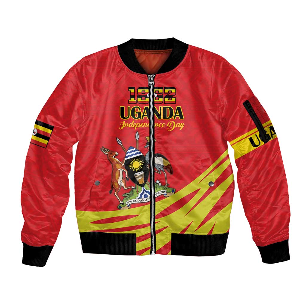 Custom Uganda Independence Day 1962 Sleeve Zip Bomber Jacket Coat Of Arms With Kente Patterns - Wonder Print Shop