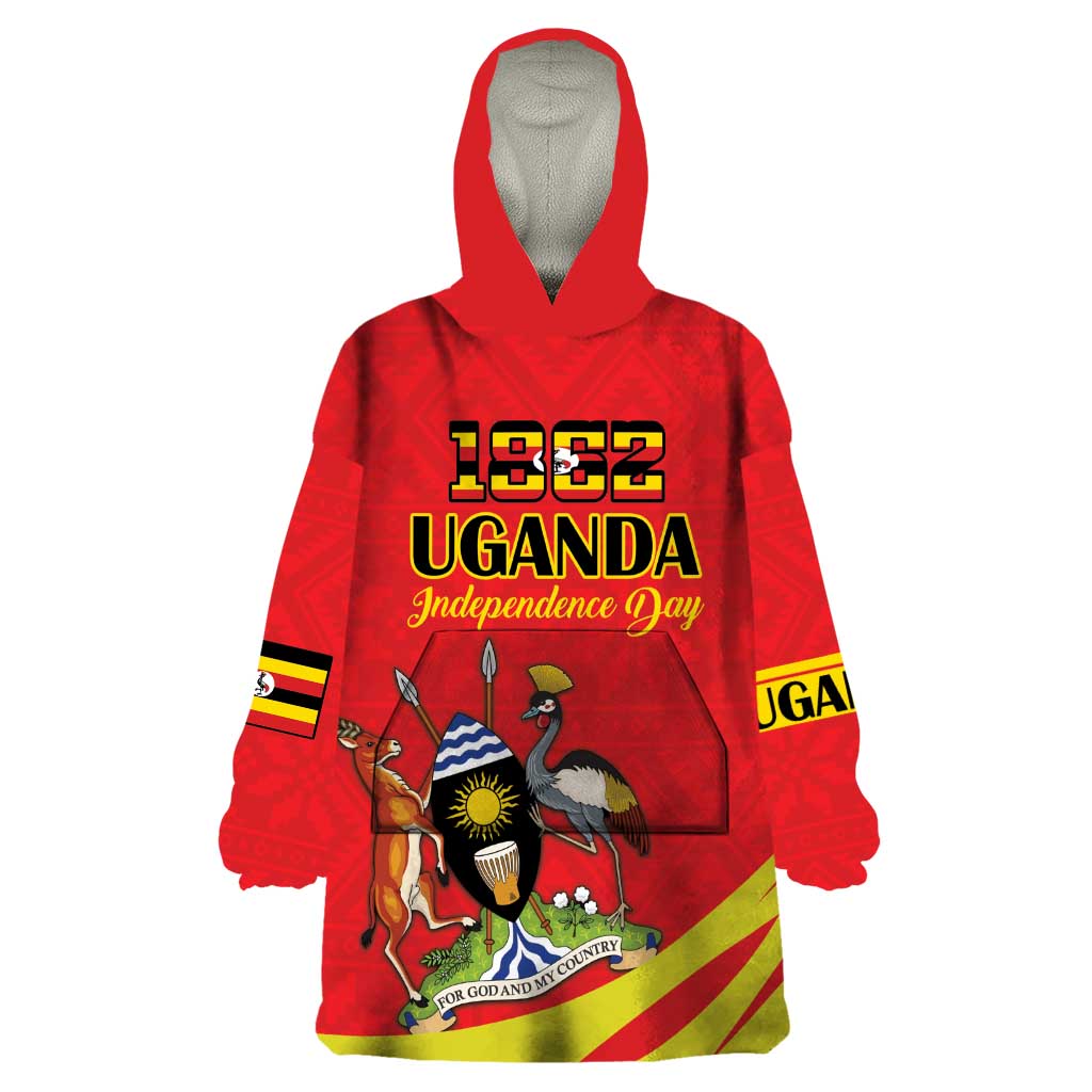 Custom Uganda Independence Day 1962 Wearable Blanket Hoodie Coat Of Arms With Kente Patterns - Wonder Print Shop
