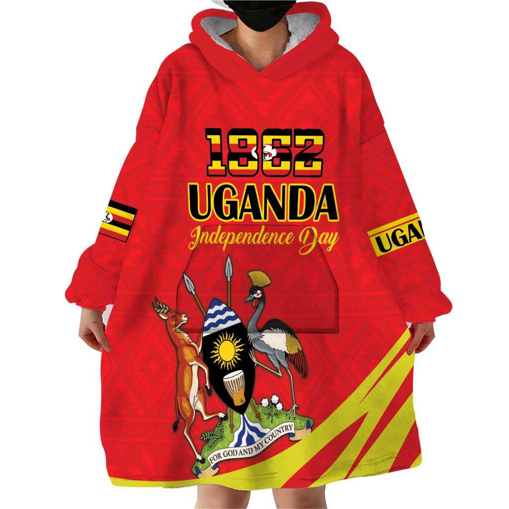 Custom Uganda Independence Day 1962 Wearable Blanket Hoodie Coat Of Arms With Kente Patterns - Wonder Print Shop