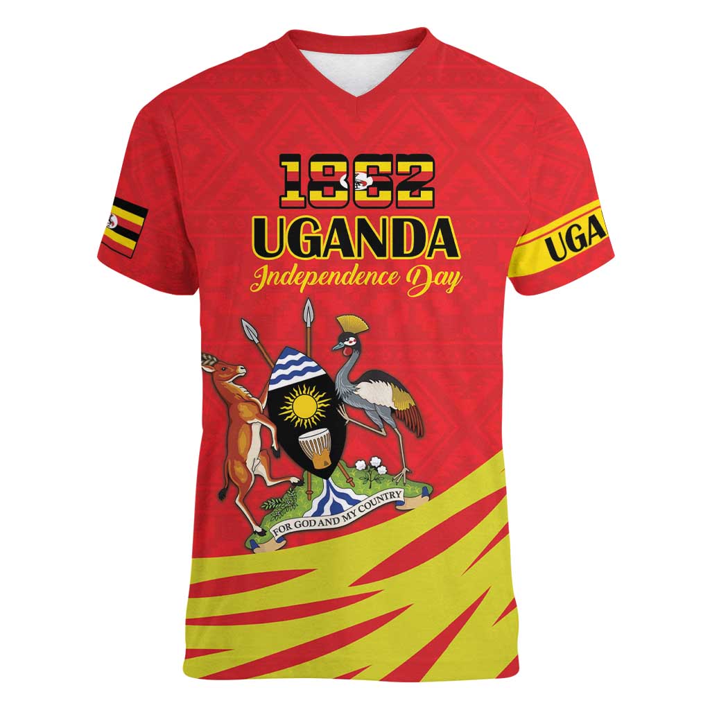 Custom Uganda Independence Day 1962 Women V-Neck T-Shirt Coat Of Arms With Kente Patterns - Wonder Print Shop
