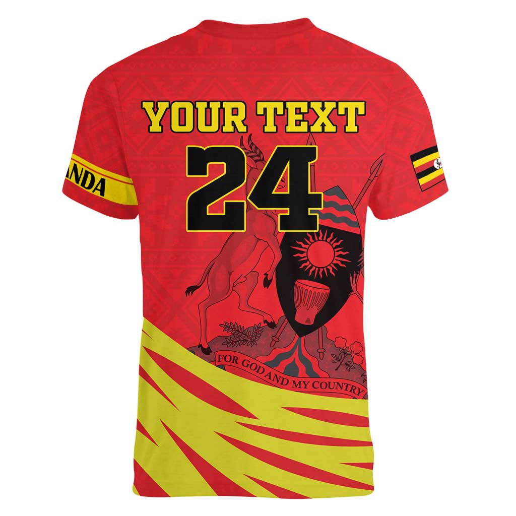 Custom Uganda Independence Day 1962 Women V-Neck T-Shirt Coat Of Arms With Kente Patterns - Wonder Print Shop