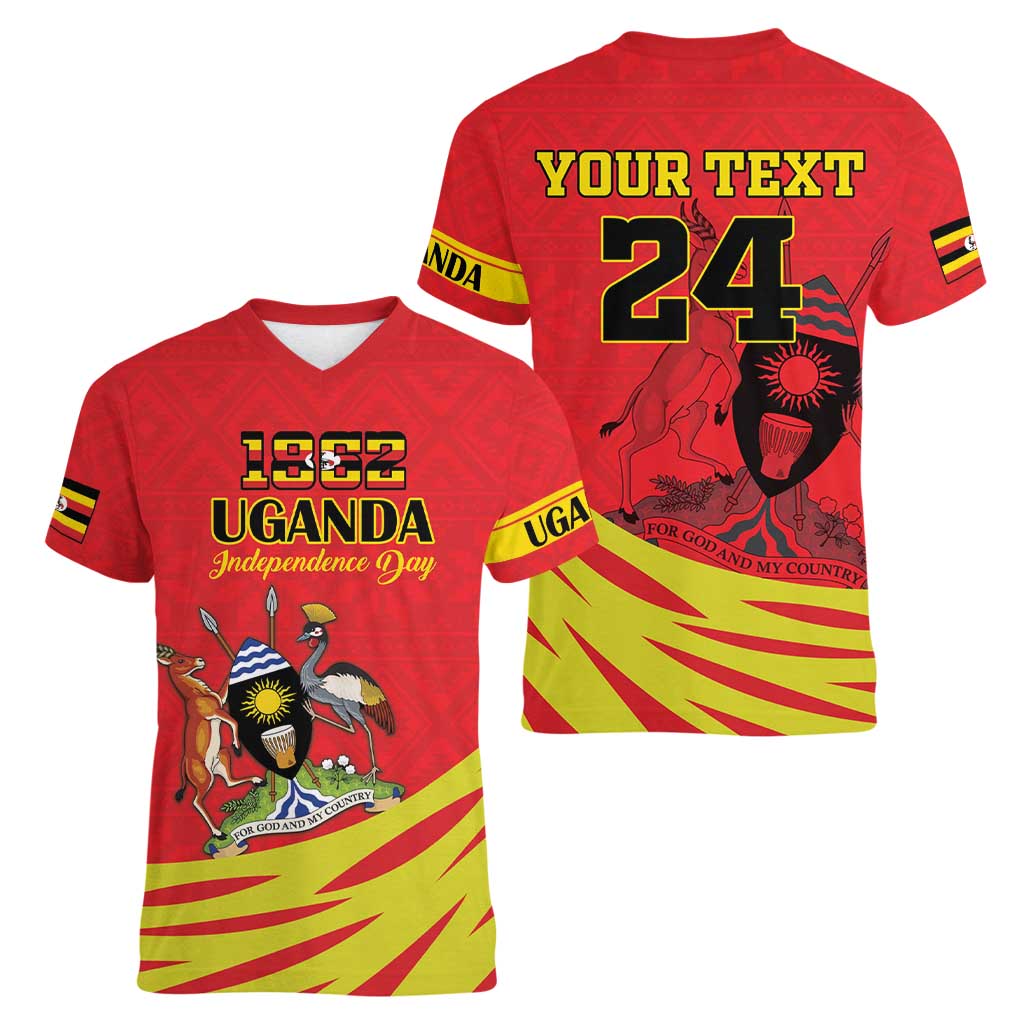 Custom Uganda Independence Day 1962 Women V-Neck T-Shirt Coat Of Arms With Kente Patterns - Wonder Print Shop