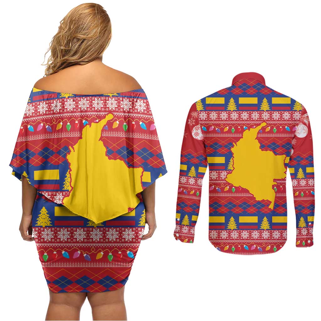 Colombia Christmas Couples Matching Off Shoulder Short Dress and Long Sleeve Button Shirt Libertad y Orden With Feliz Navidad - Wonder Print Shop