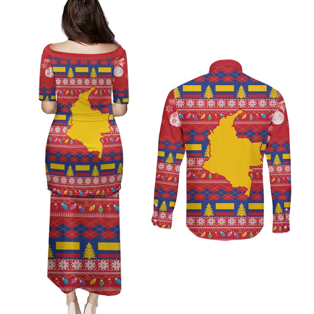 Colombia Christmas Couples Matching Puletasi and Long Sleeve Button Shirt Libertad y Orden With Feliz Navidad - Wonder Print Shop