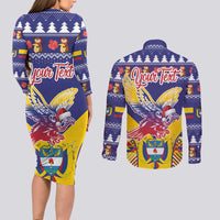 Personalized Colombia Christmas Couples Matching Long Sleeve Bodycon Dress and Long Sleeve Button Shirt Andean Condor With Seamless Pattern - Wonder Print Shop