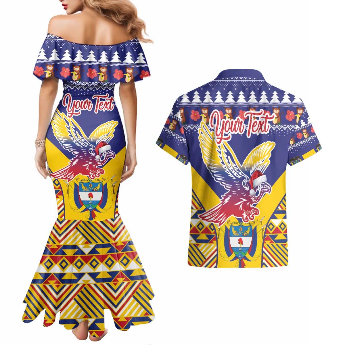Personalized Colombia Christmas Couples Matching Mermaid Dress and Hawaiian Shirt Andean Condor With Seamless Pattern - Wonder Print Shop