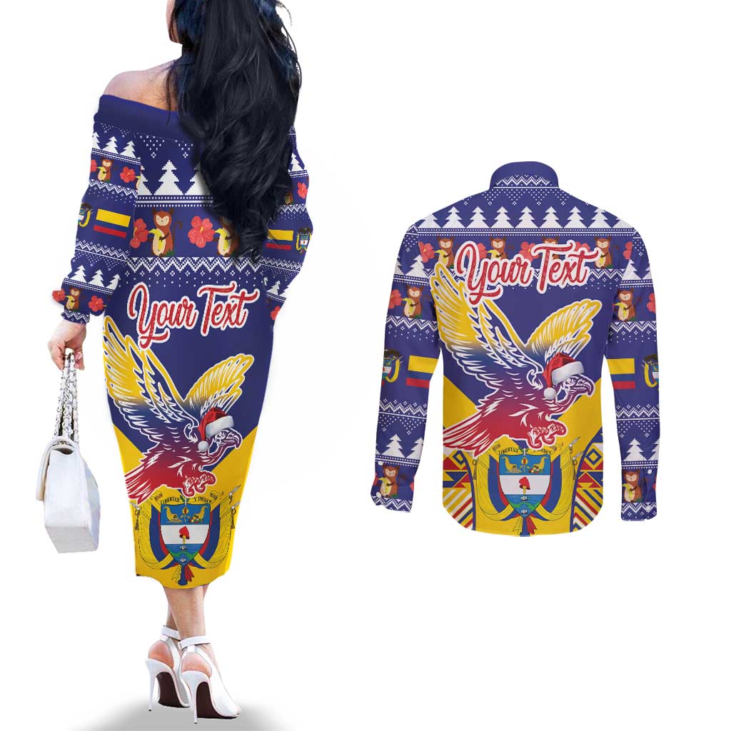 Personalized Colombia Christmas Couples Matching Off The Shoulder Long Sleeve Dress and Long Sleeve Button Shirt Andean Condor With Seamless Pattern