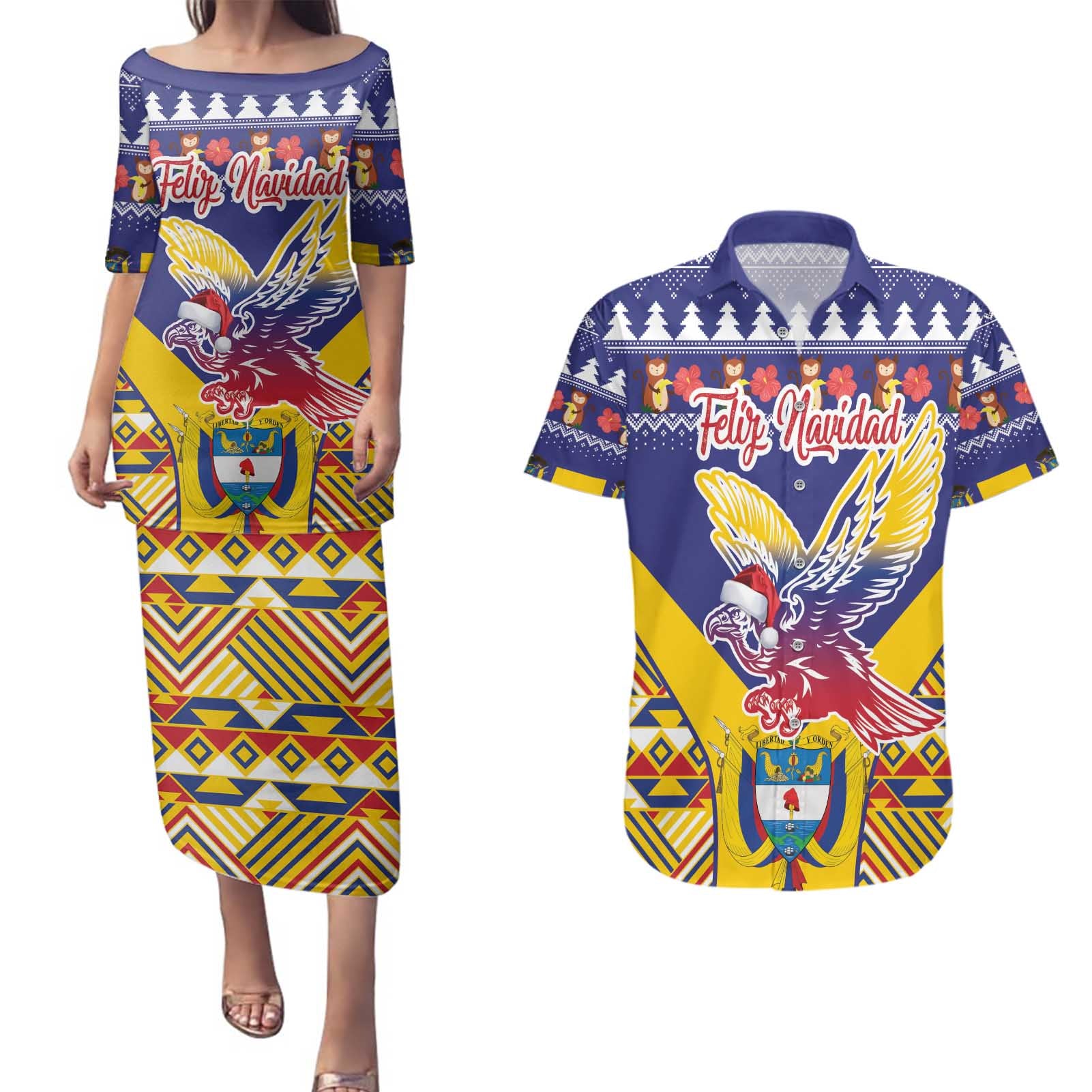 Personalized Colombia Christmas Couples Matching Puletasi and Hawaiian Shirt Andean Condor With Seamless Pattern - Wonder Print Shop