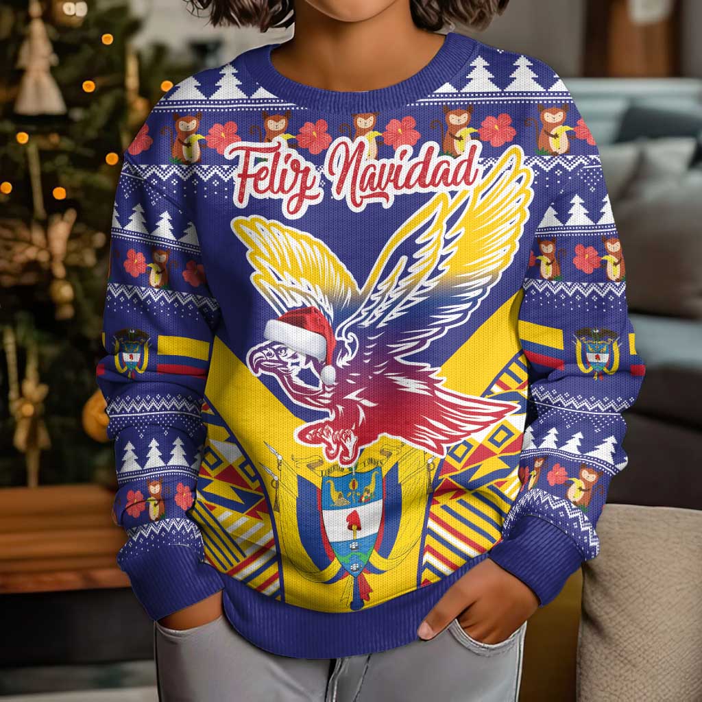 Personalized Colombia Christmas Kid Ugly Christmas Sweater Andean Condor With Seamless Pattern - Wonder Print Shop