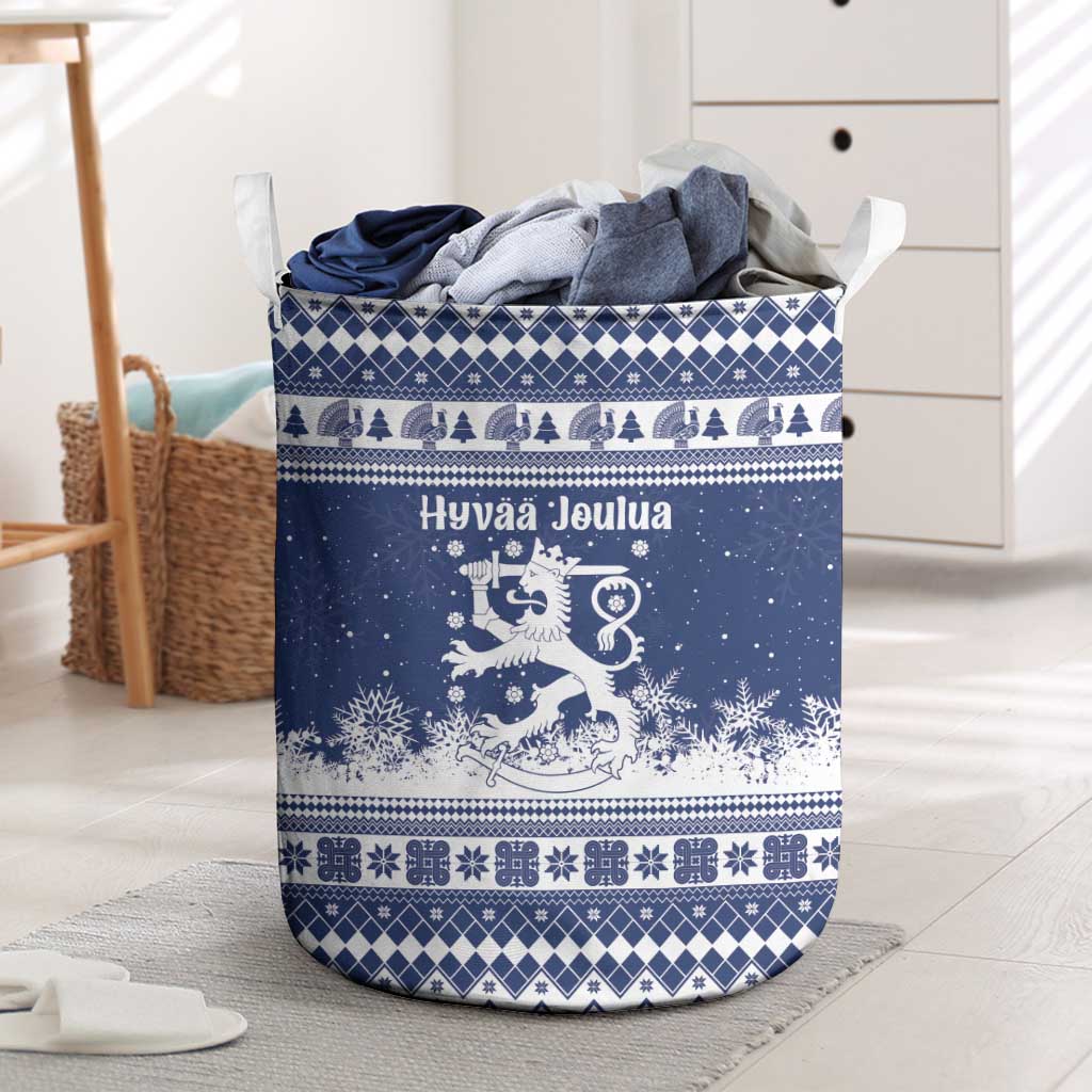 Finland Christmas Hannunvaakuna Laundry Basket Hyvaa Joulua Nordic Snow Lion Blue Version - Wonder Print Shop