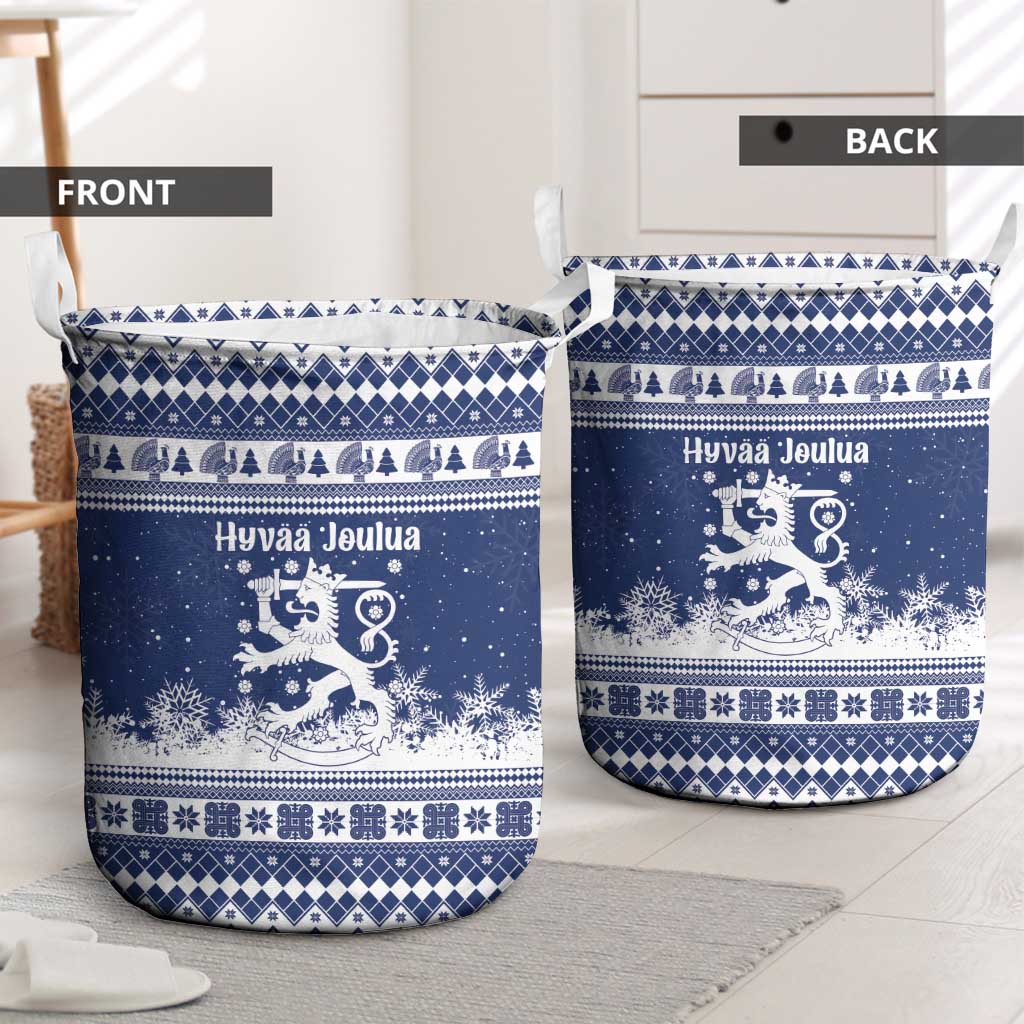 Finland Christmas Hannunvaakuna Laundry Basket Hyvaa Joulua Nordic Snow Lion Blue Version - Wonder Print Shop