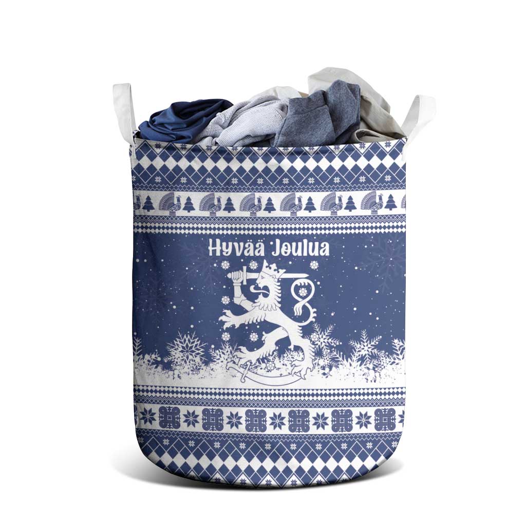 Finland Christmas Hannunvaakuna Laundry Basket Hyvaa Joulua Nordic Snow Lion Blue Version - Wonder Print Shop