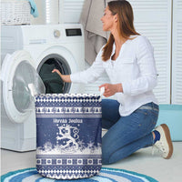 Finland Christmas Hannunvaakuna Laundry Basket Hyvaa Joulua Nordic Snow Lion Blue Version - Wonder Print Shop
