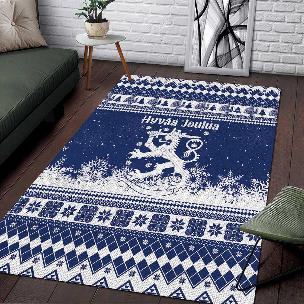 Finland Christmas Hannunvaakuna Area Rug Hyvaa Joulua Nordic Snow Lion Blue Version - Wonder Print Shop