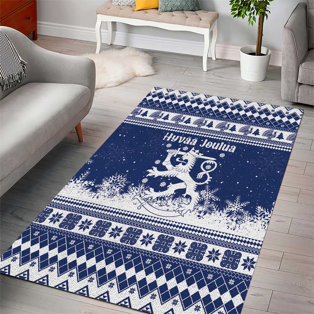 Finland Christmas Hannunvaakuna Area Rug Hyvaa Joulua Nordic Snow Lion Blue Version - Wonder Print Shop