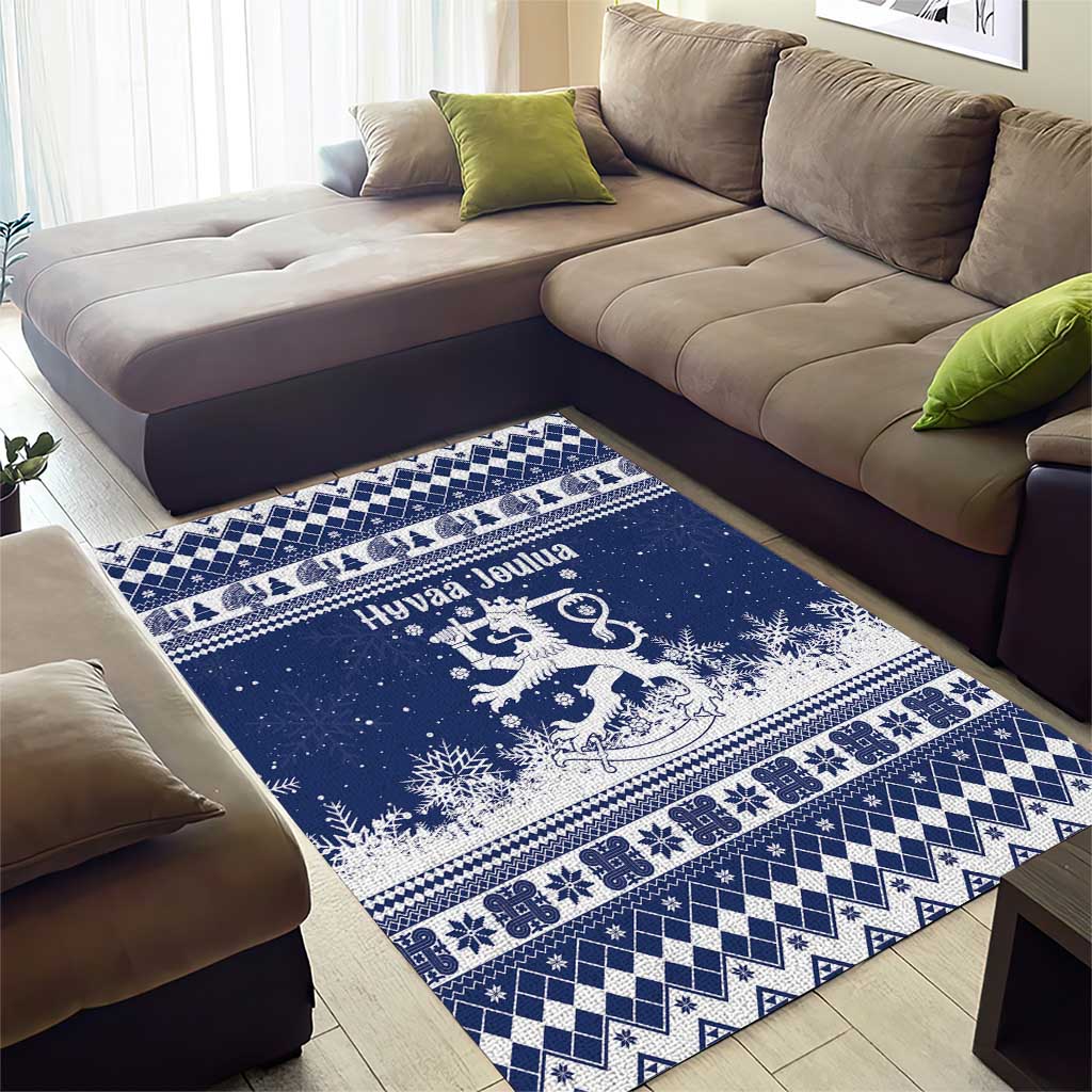 Finland Christmas Hannunvaakuna Area Rug Hyvaa Joulua Nordic Snow Lion Blue Version - Wonder Print Shop