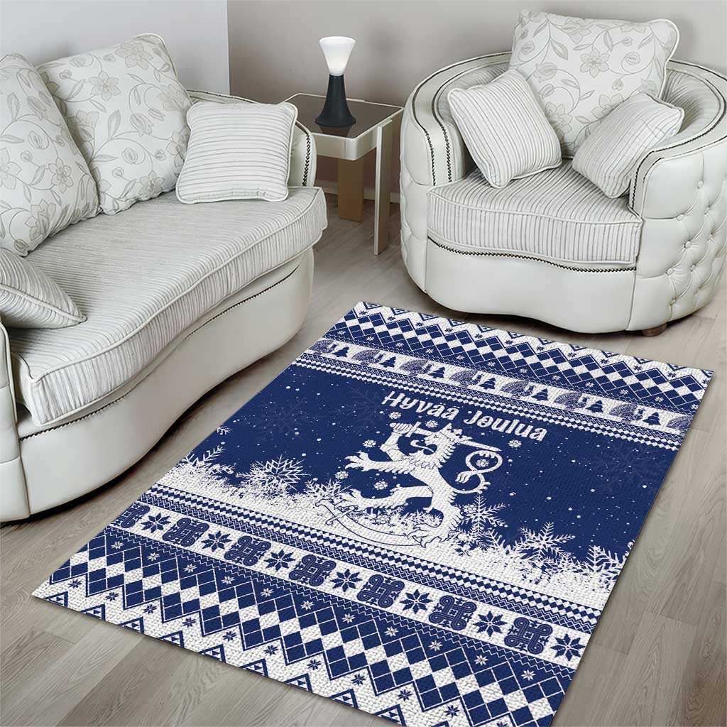Finland Christmas Hannunvaakuna Area Rug Hyvaa Joulua Nordic Snow Lion Blue Version - Wonder Print Shop