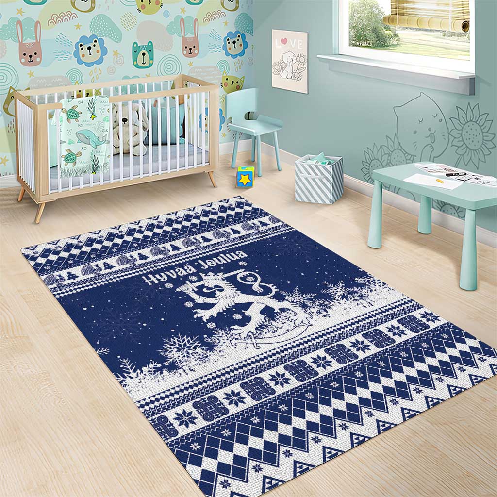 Finland Christmas Hannunvaakuna Area Rug Hyvaa Joulua Nordic Snow Lion Blue Version - Wonder Print Shop