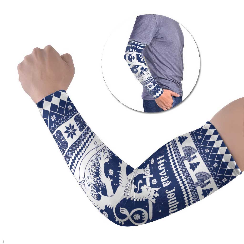 Finland Christmas Hannunvaakuna Arm Sleeves Hyvaa Joulua Nordic Snow Lion Blue Version - Wonder Print Shop