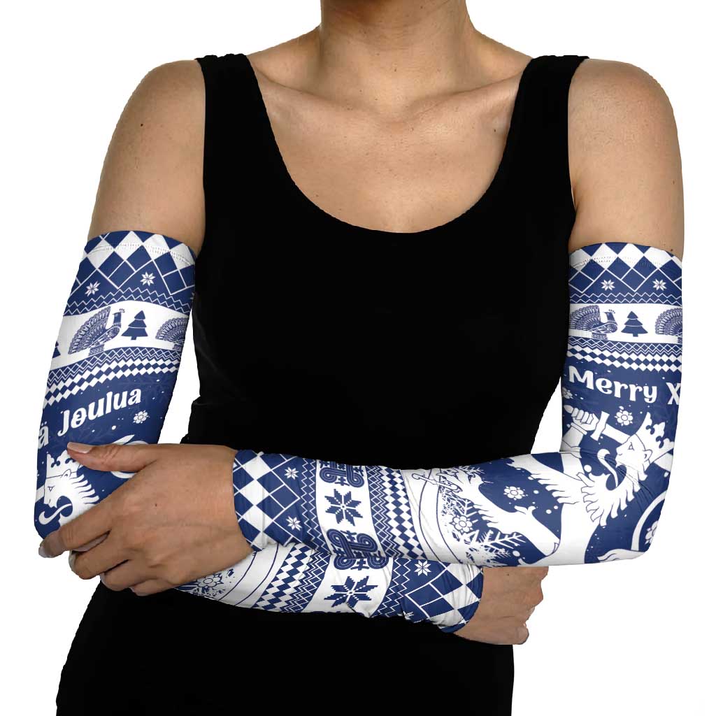 Finland Christmas Hannunvaakuna Arm Sleeves Hyvaa Joulua Nordic Snow Lion Blue Version - Wonder Print Shop