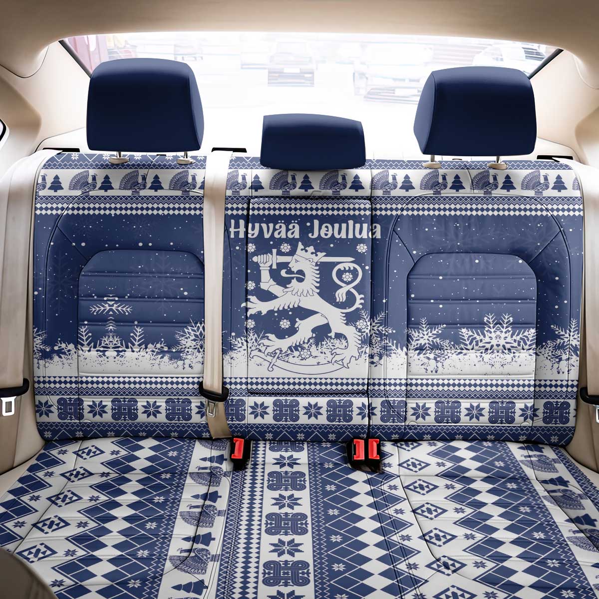 Finland Christmas Hannunvaakuna Back Car Seat Cover Hyvaa Joulua Nordic Snow Lion Blue Version - Wonder Print Shop