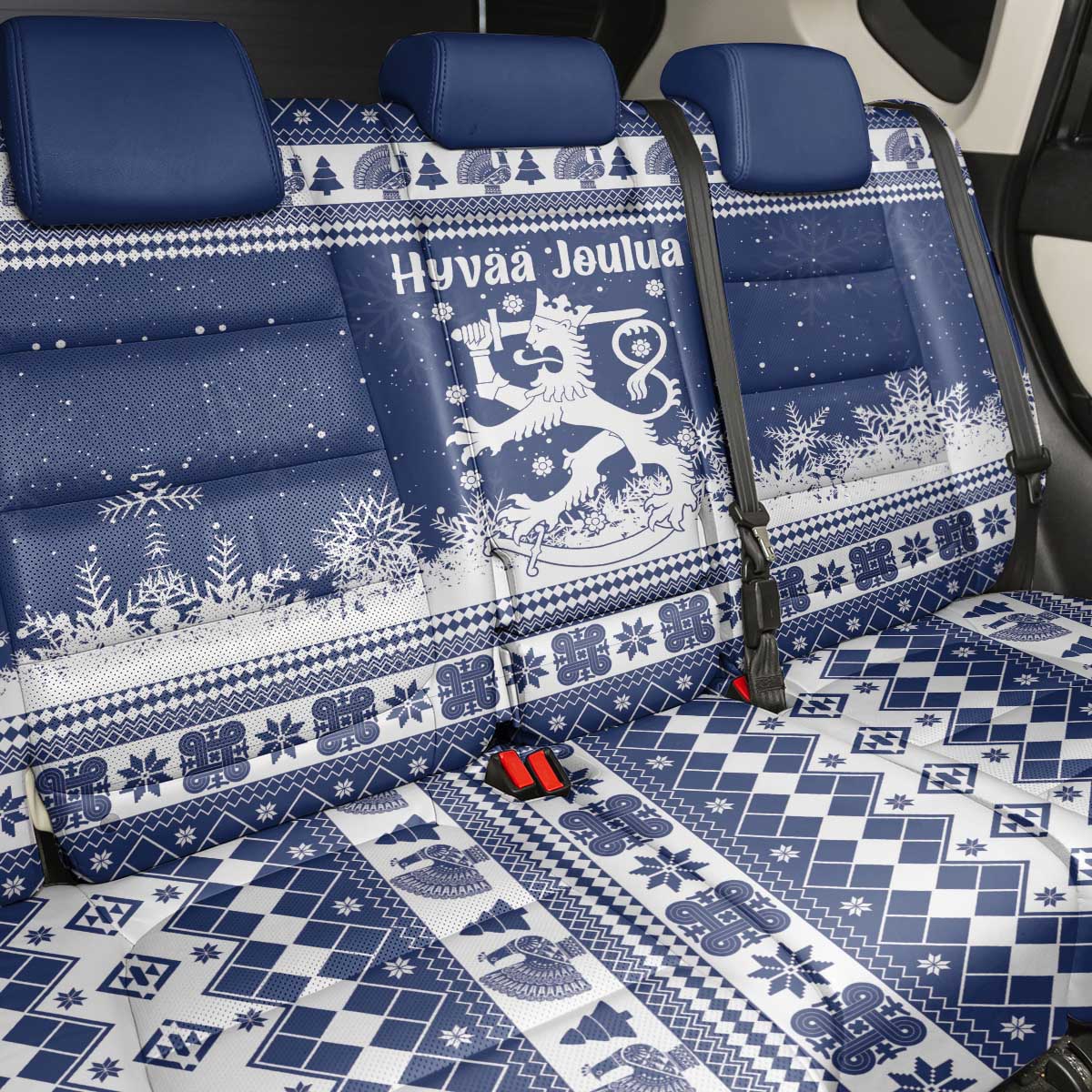 Finland Christmas Hannunvaakuna Back Car Seat Cover Hyvaa Joulua Nordic Snow Lion Blue Version - Wonder Print Shop