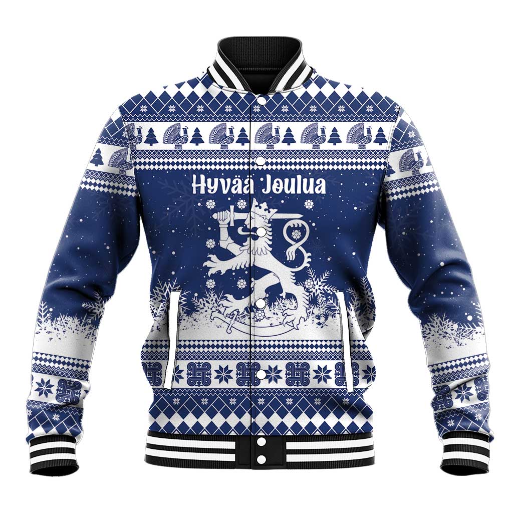 Finland Christmas Hannunvaakuna Baseball Jacket Hyvaa Joulua Nordic Snow Lion Blue Version - Wonder Print Shop