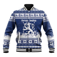 Finland Christmas Hannunvaakuna Baseball Jacket Hyvaa Joulua Nordic Snow Lion Blue Version - Wonder Print Shop