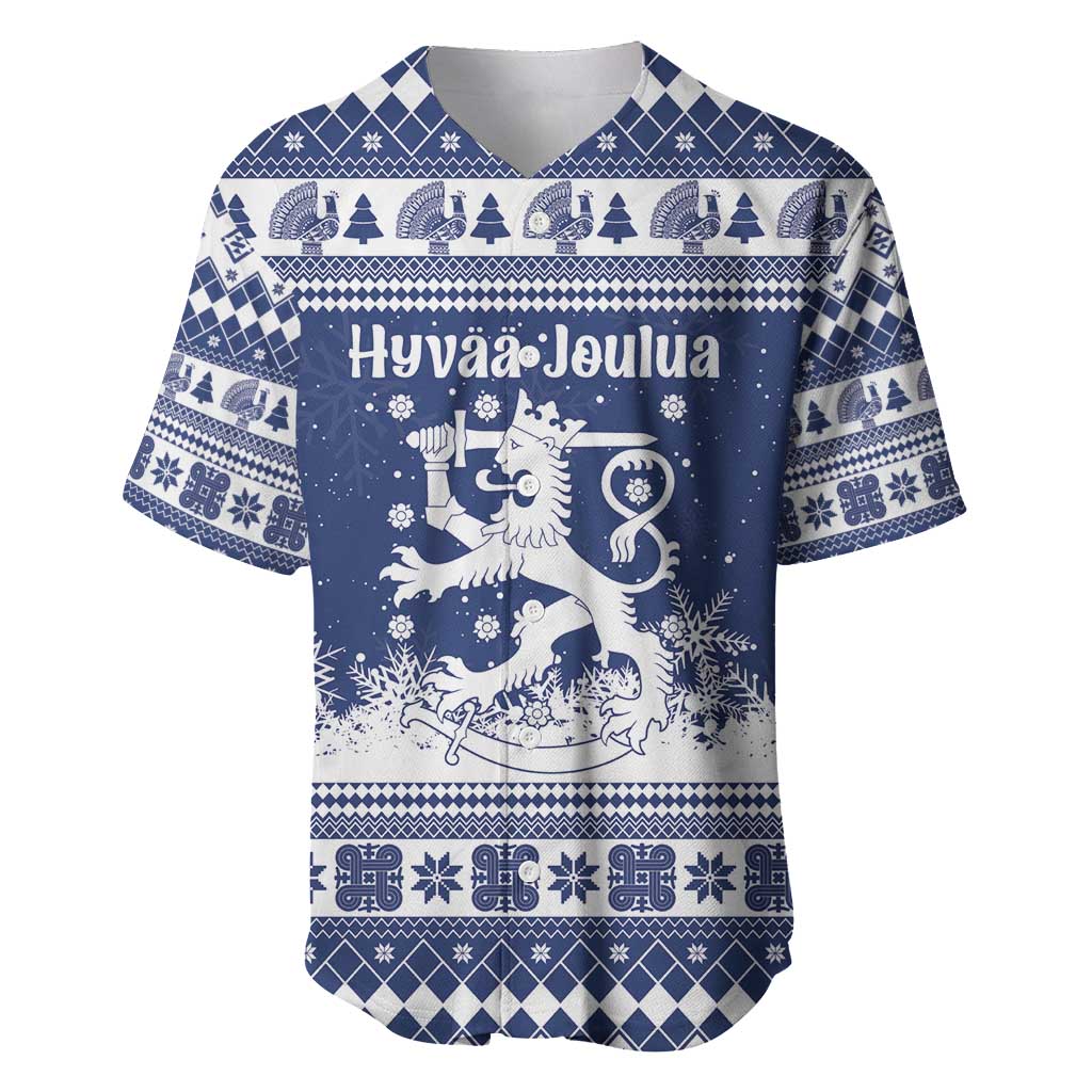 Finland Christmas Hannunvaakuna Baseball Jersey Hyvaa Joulua Nordic Snow Lion Blue Version - Wonder Print Shop