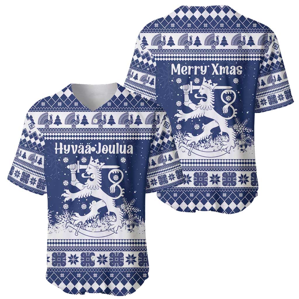 Finland Christmas Hannunvaakuna Baseball Jersey Hyvaa Joulua Nordic Snow Lion Blue Version - Wonder Print Shop