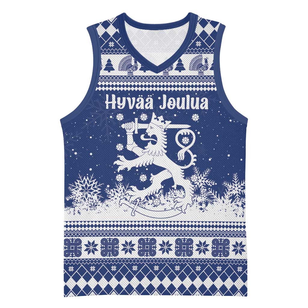 Finland Christmas Hannunvaakuna Basketball Jersey Hyvaa Joulua Nordic Snow Lion Blue Version - Wonder Print Shop