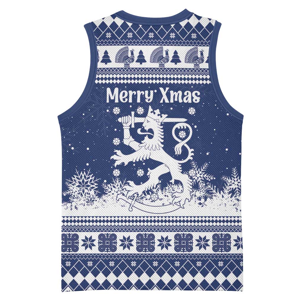 Finland Christmas Hannunvaakuna Basketball Jersey Hyvaa Joulua Nordic Snow Lion Blue Version - Wonder Print Shop