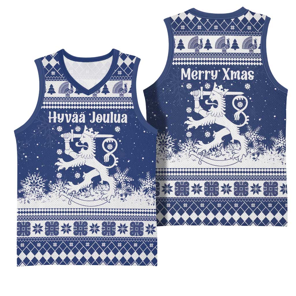 Finland Christmas Hannunvaakuna Basketball Jersey Hyvaa Joulua Nordic Snow Lion Blue Version - Wonder Print Shop
