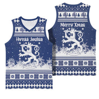 Finland Christmas Hannunvaakuna Basketball Jersey Hyvaa Joulua Nordic Snow Lion Blue Version - Wonder Print Shop