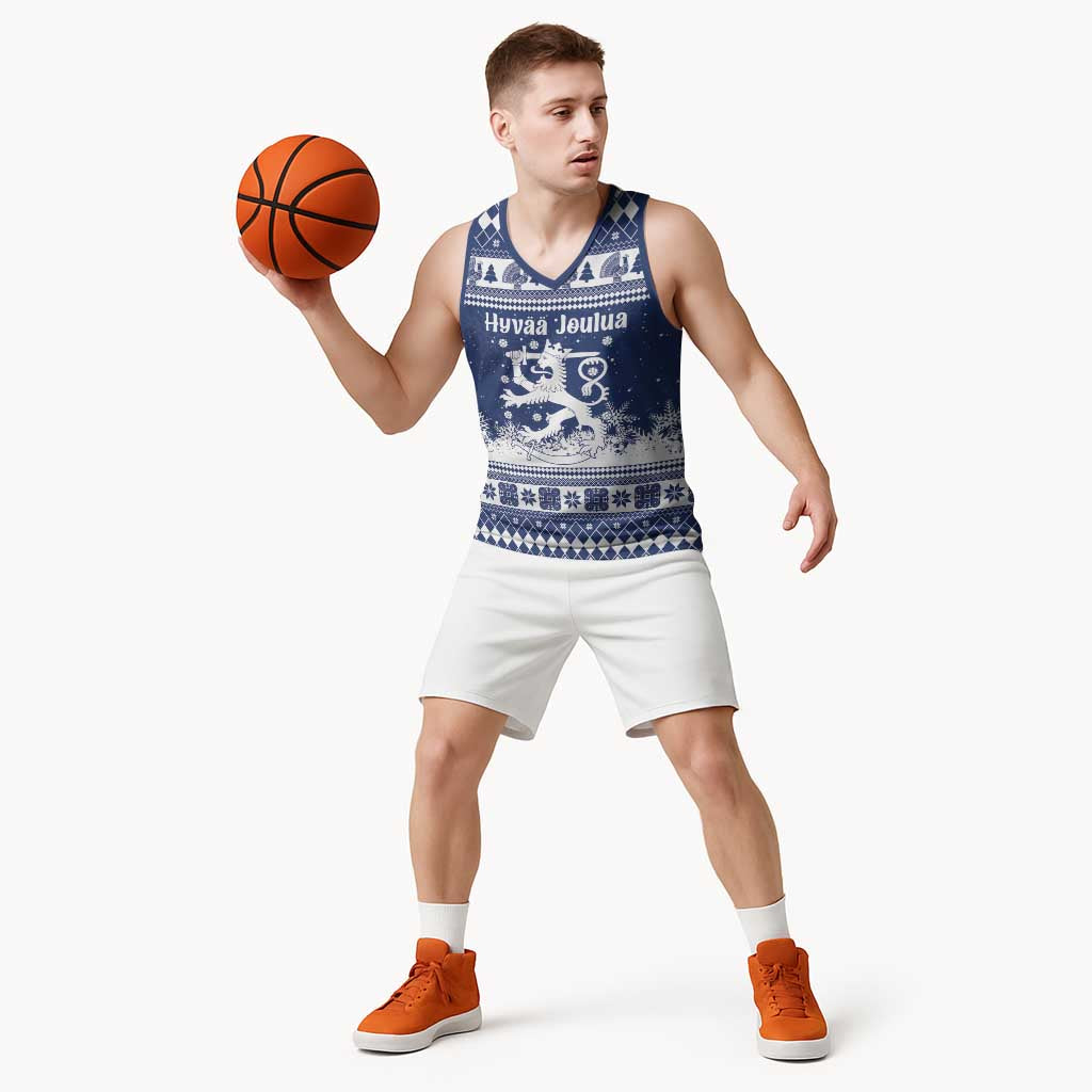 Finland Christmas Hannunvaakuna Basketball Jersey Hyvaa Joulua Nordic Snow Lion Blue Version - Wonder Print Shop