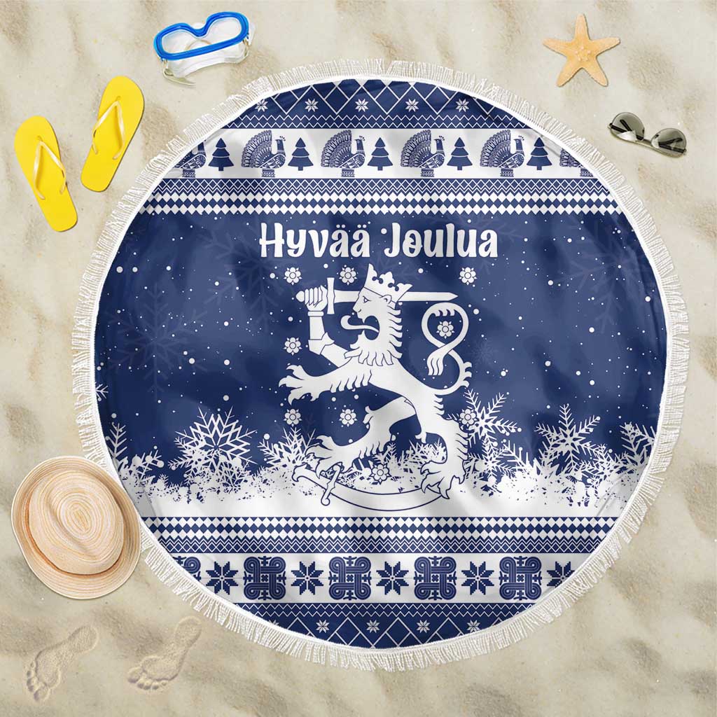 Finland Christmas Hannunvaakuna Beach Blanket Hyvaa Joulua Nordic Snow Lion Blue Version - Wonder Print Shop