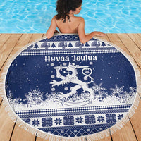Finland Christmas Hannunvaakuna Beach Blanket Hyvaa Joulua Nordic Snow Lion Blue Version - Wonder Print Shop