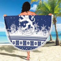 Finland Christmas Hannunvaakuna Beach Blanket Hyvaa Joulua Nordic Snow Lion Blue Version - Wonder Print Shop