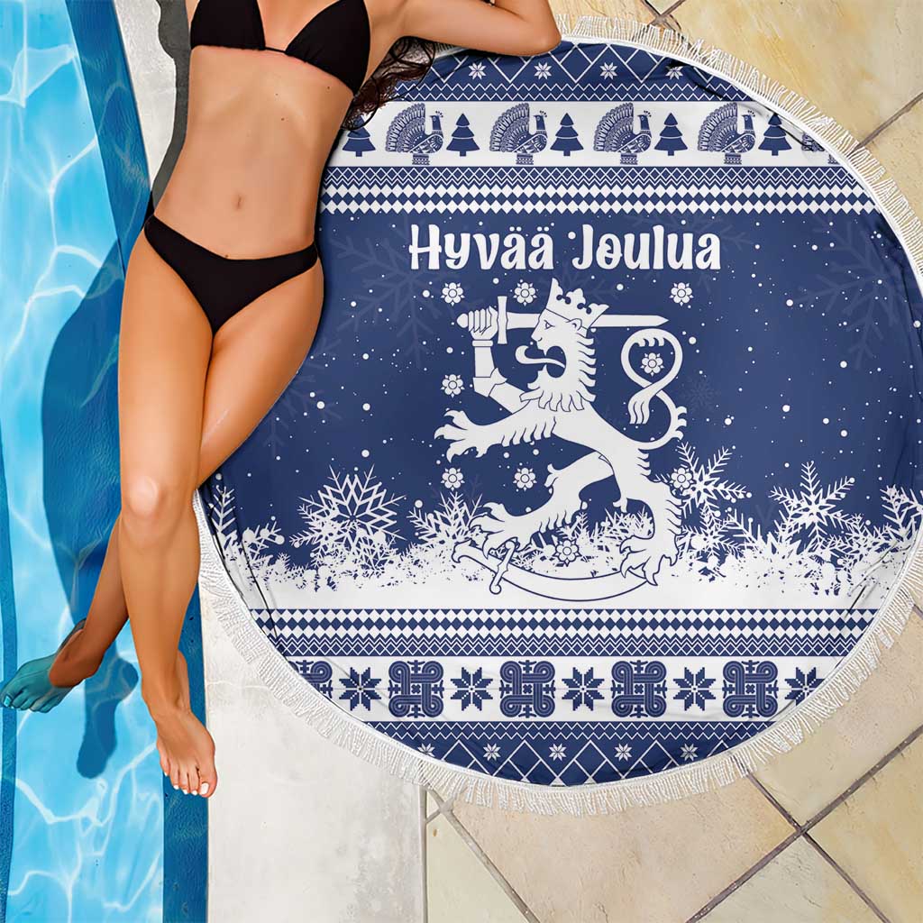 Finland Christmas Hannunvaakuna Beach Blanket Hyvaa Joulua Nordic Snow Lion Blue Version - Wonder Print Shop