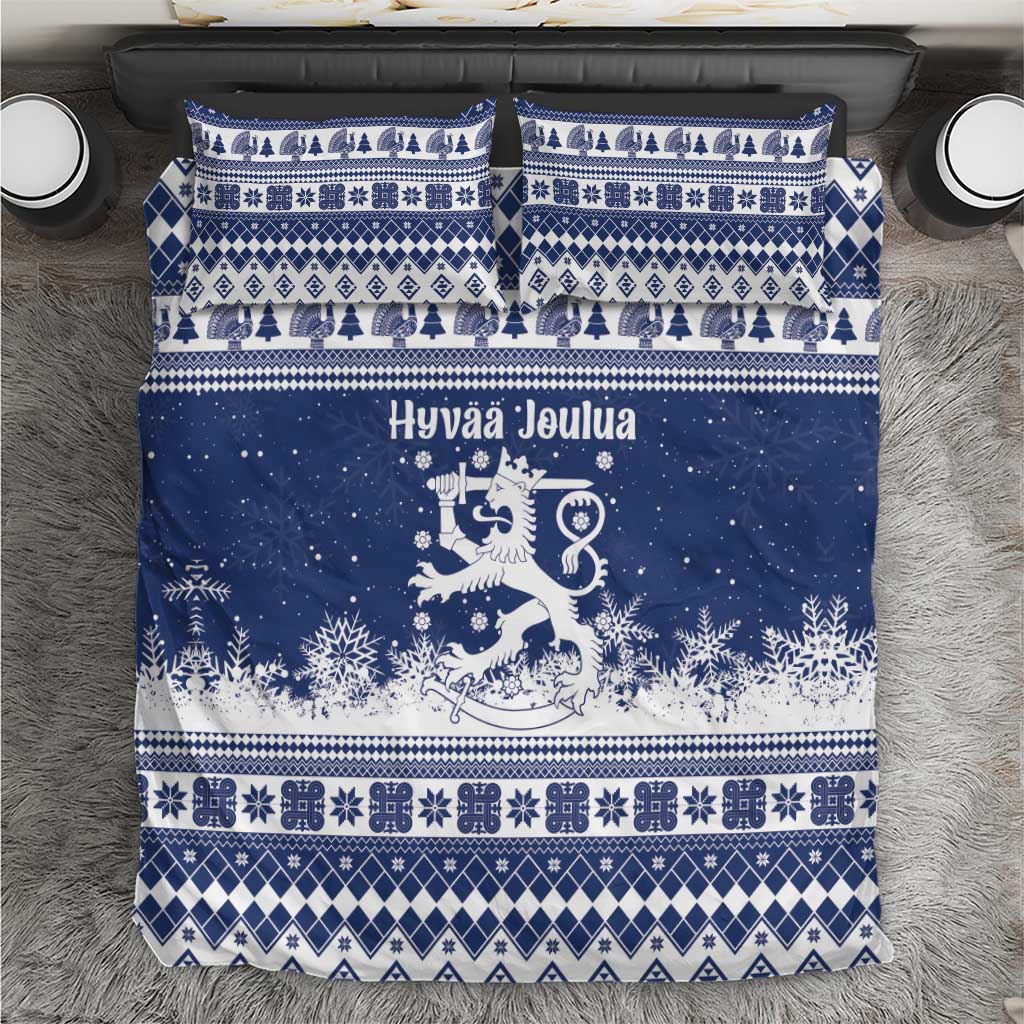 Finland Christmas Hannunvaakuna Bedding Set Hyvaa Joulua Nordic Snow Lion Blue Version - Wonder Print Shop