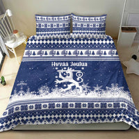 Finland Christmas Hannunvaakuna Bedding Set Hyvaa Joulua Nordic Snow Lion Blue Version - Wonder Print Shop