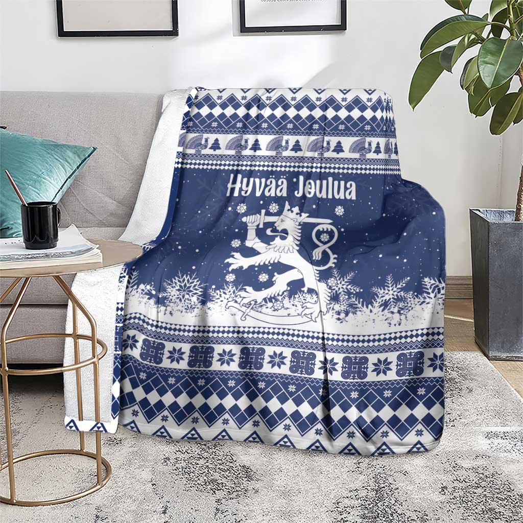 Finland Christmas Hannunvaakuna Blanket Hyvaa Joulua Nordic Snow Lion Blue Version - Wonder Print Shop