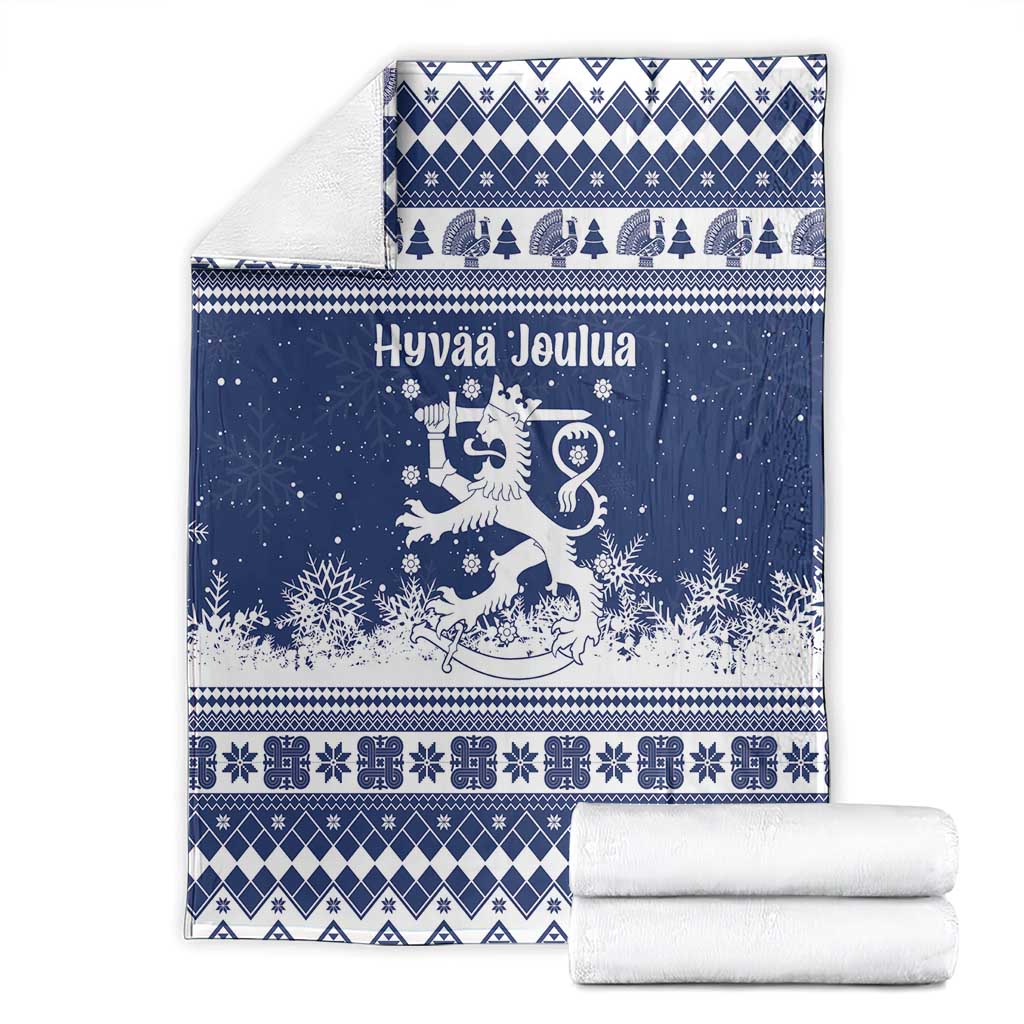 Finland Christmas Hannunvaakuna Blanket Hyvaa Joulua Nordic Snow Lion Blue Version - Wonder Print Shop