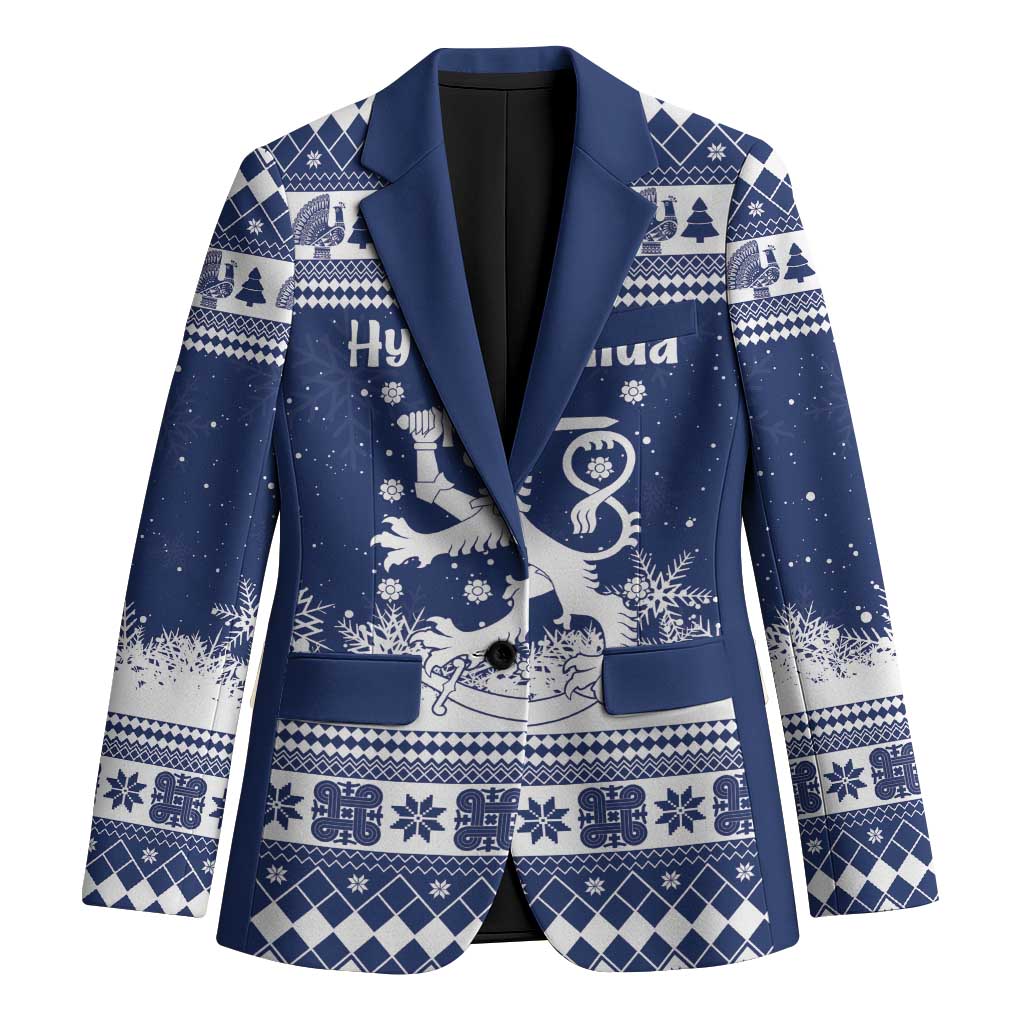 Finland Christmas Hannunvaakuna Blazer Hyvaa Joulua Nordic Snow Lion Blue Version - Wonder Print Shop
