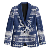 Finland Christmas Hannunvaakuna Blazer Hyvaa Joulua Nordic Snow Lion Blue Version - Wonder Print Shop